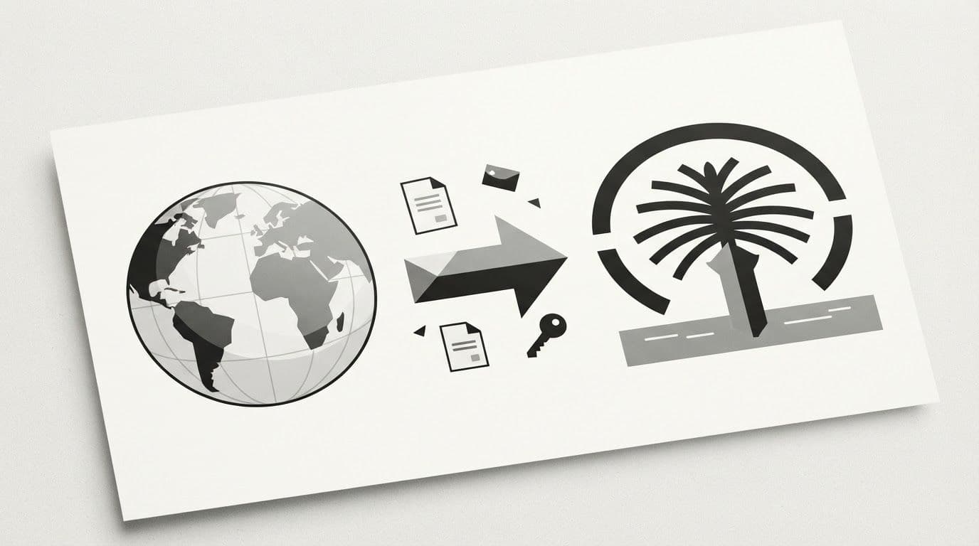 An illustrated globe icon and a stylized palm-shaped island connected by an arrow, suggesting foreign buyers acquiring property there.