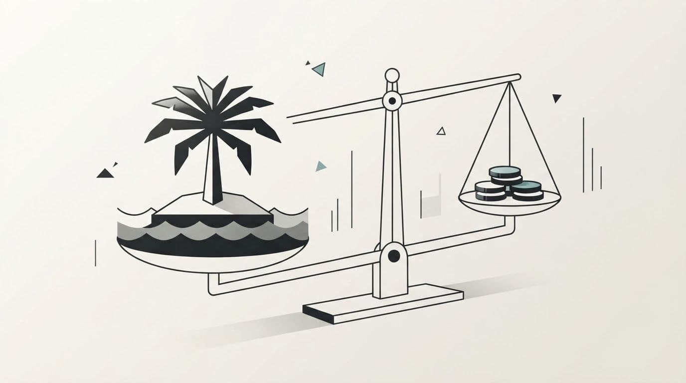 An abstract illustration of a palm-shaped island balanced on a scale beside stacked coin-like discs, symbolizing property cost.